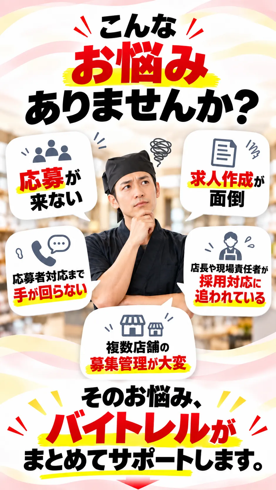 こんなお悩みありませんか？応募が来ない。求人作成が面倒。応募者対応まで手が回らない。店長や現場責任者が採用対応に追われている。複数店舗の募集管理が大変。そのお悩み、バイトレルがまとめてサポートします。